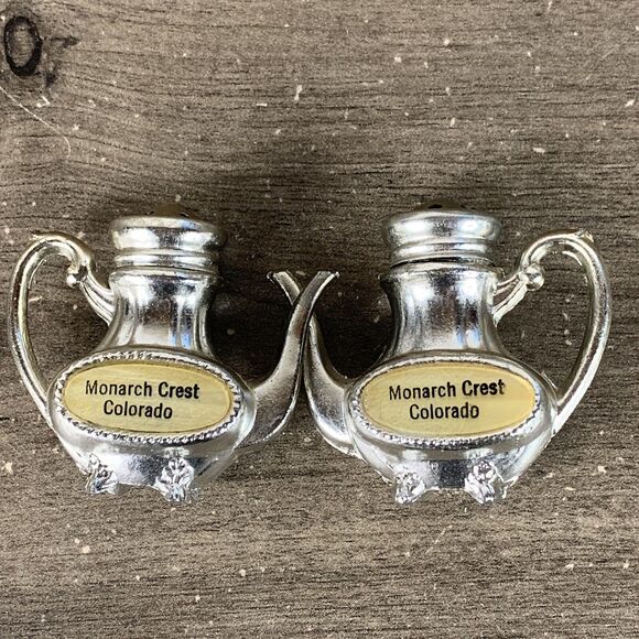 Vintage Salt & Pepper Shaker Metal Silver Coffee Tea Pot with Tray 1.5" - 3PCS - Picture 8 of 10